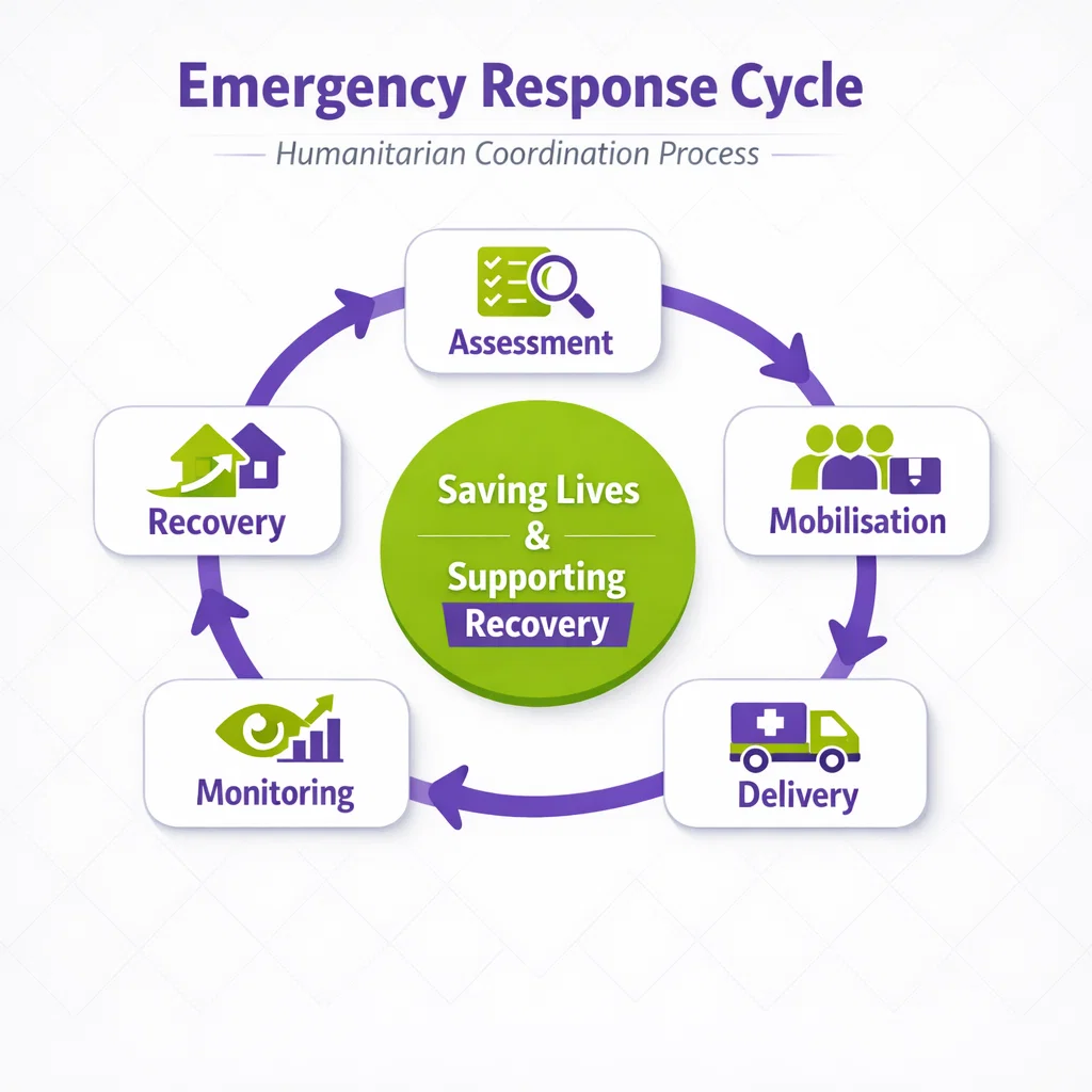 Emergency aid response cycle and humanitarian coordination process