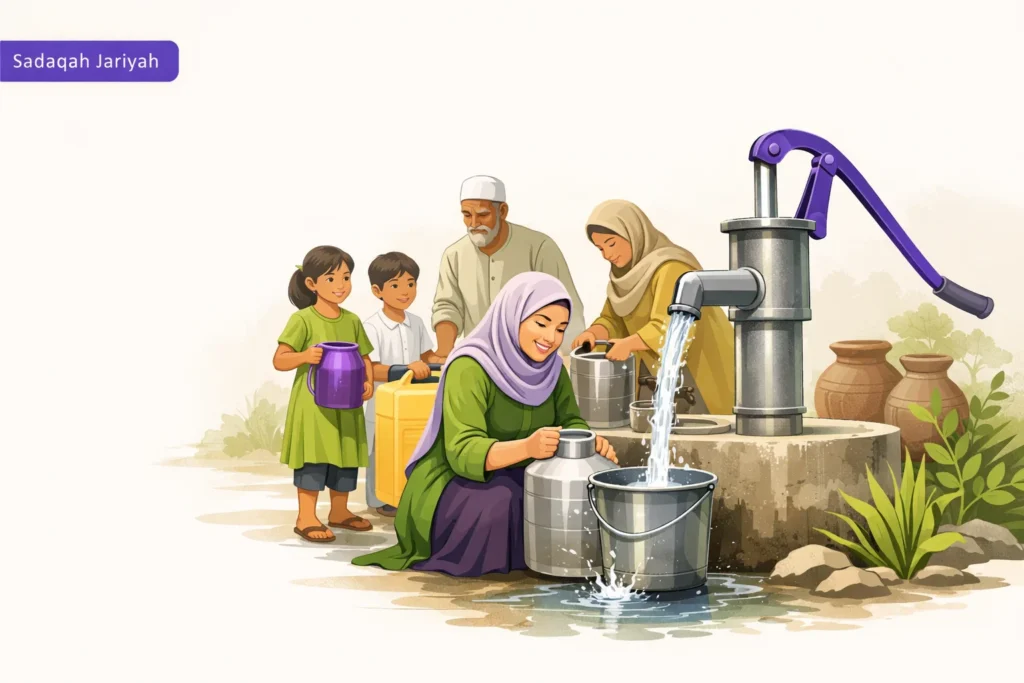 people taking water with happy faces from sadaqah jariyah water well  project